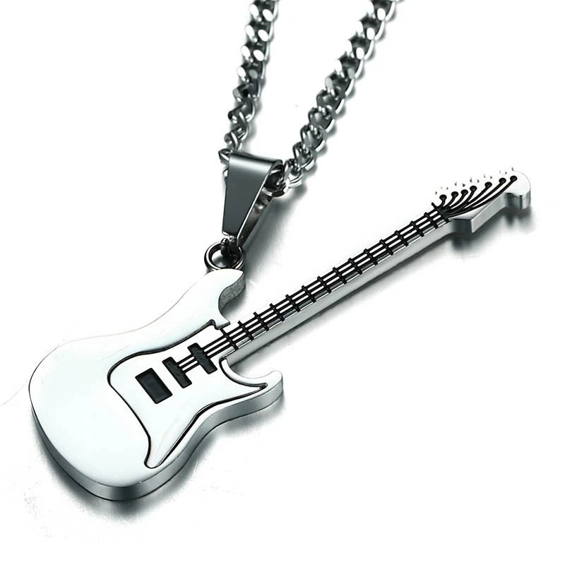 Stainless Steel Steel Color Guitar Necklace Men Chains Pendant Hip Hop Rock Band Chain Necklaces Male Accessories Jewelry on The